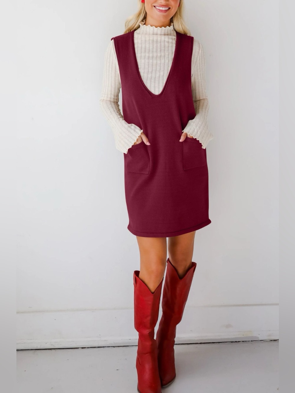Lovelet Pocketed V-Neck Mini Sweater Overall Dress - Picture 6 of 16